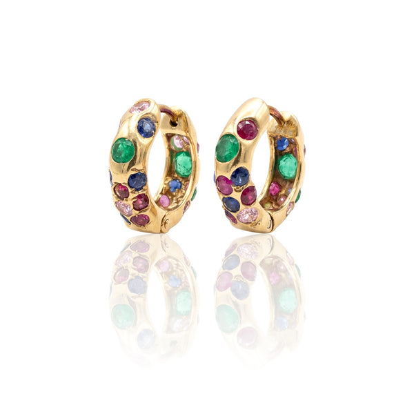 Gimme a Huggie Mini Hoops in yellow gold with emeralds, sapphires, rubies and diamonds