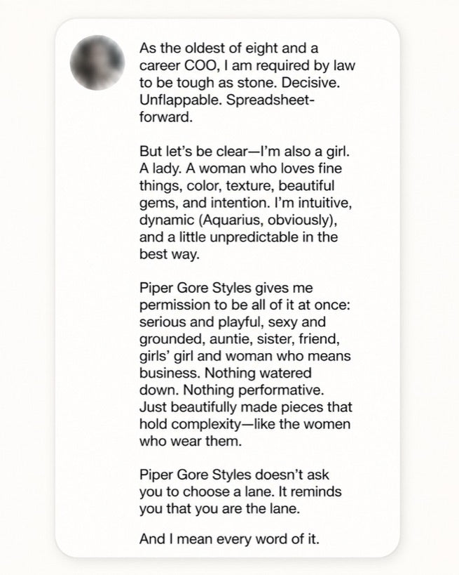 Customer review about Piper Gore Styles